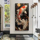 Orange and white koi fish leaping toward a full moon against a dark background in premium canvas wrapped frame