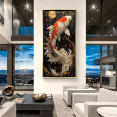 Lunar Ascension Koi Moonrise artwork in luxury golden floater frame featuring a vibrant koi and glowing full moon