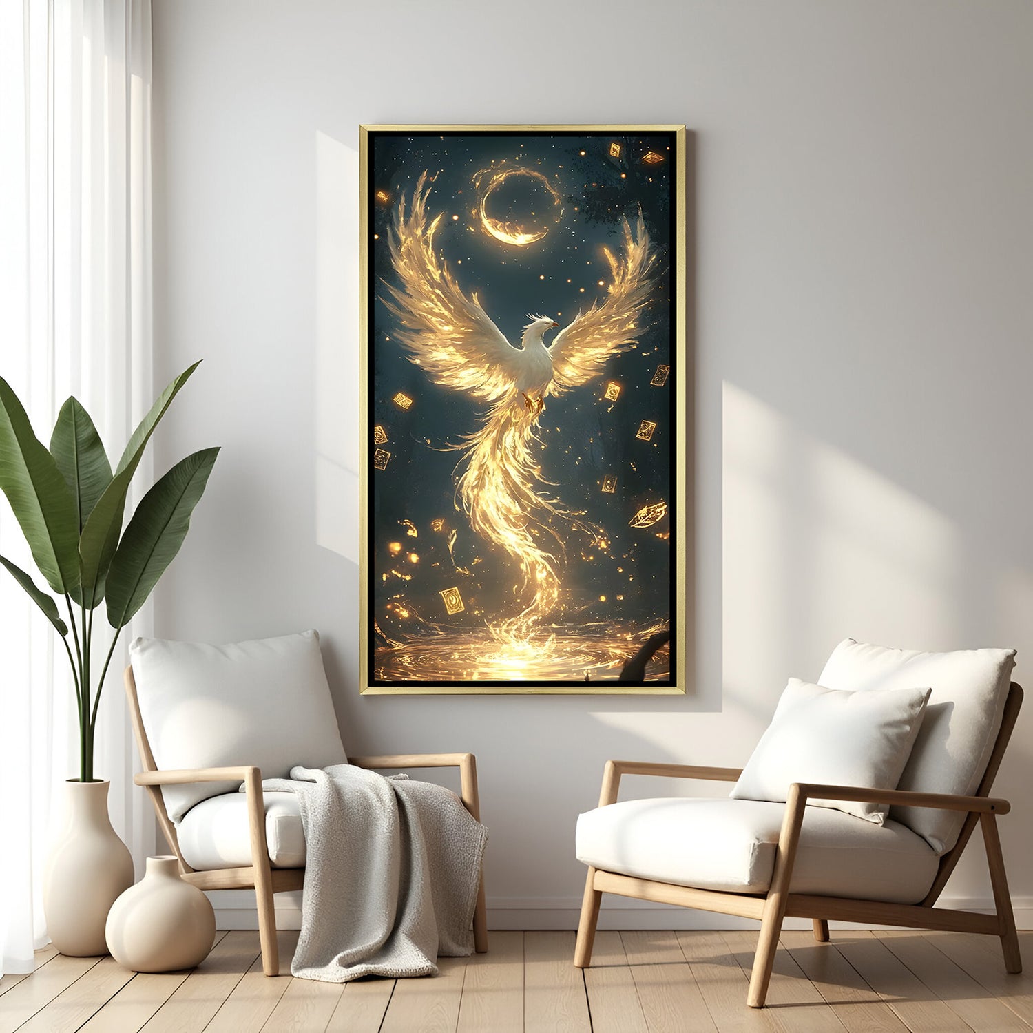 Elegant golden phoenix portrait wall art in gold frame featuring celestial moon and radiant light.