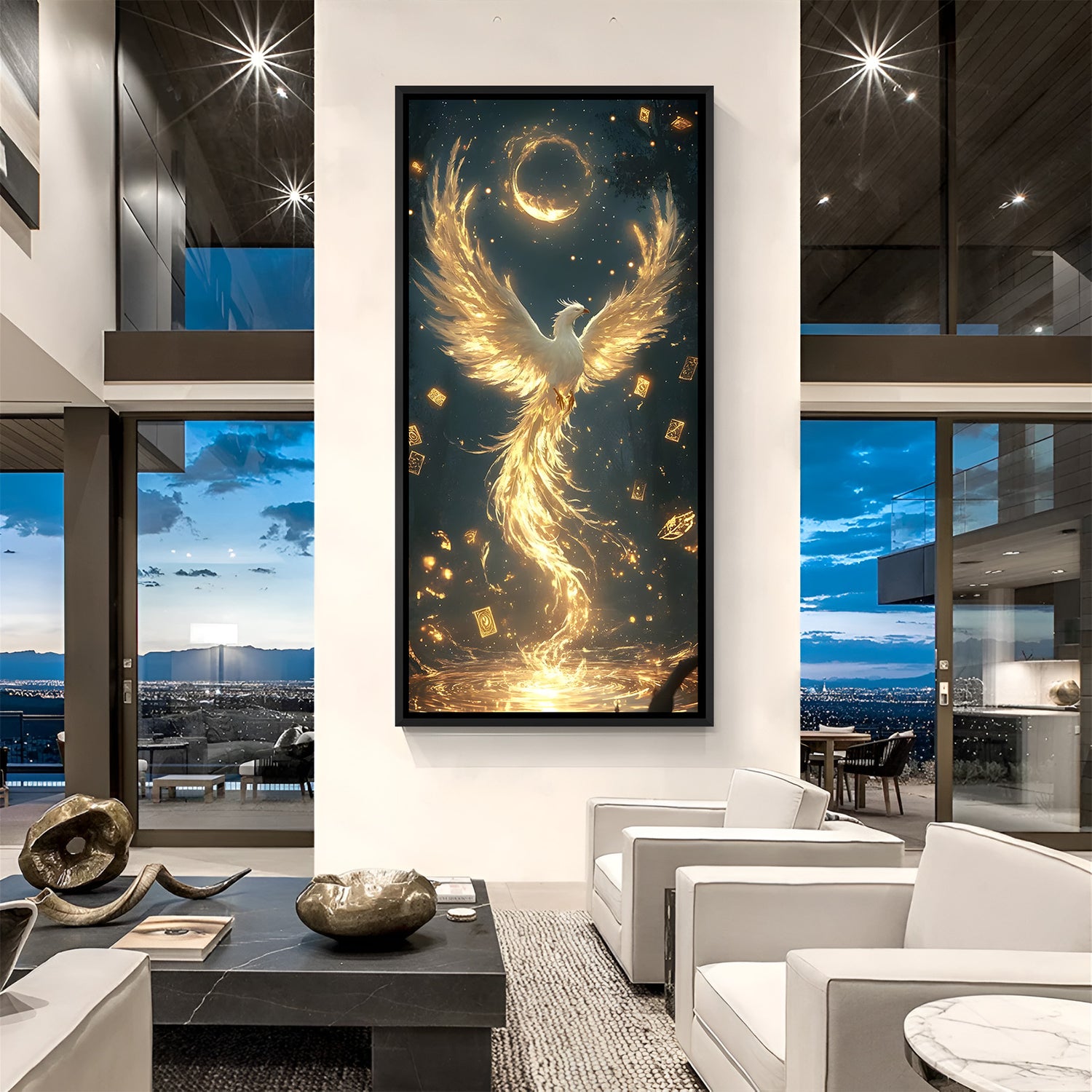 Luxury vertical golden phoenix artwork in black frame with crescent halo and glowing tail.