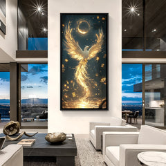 Luxury vertical golden phoenix artwork in black frame with crescent halo and glowing tail.