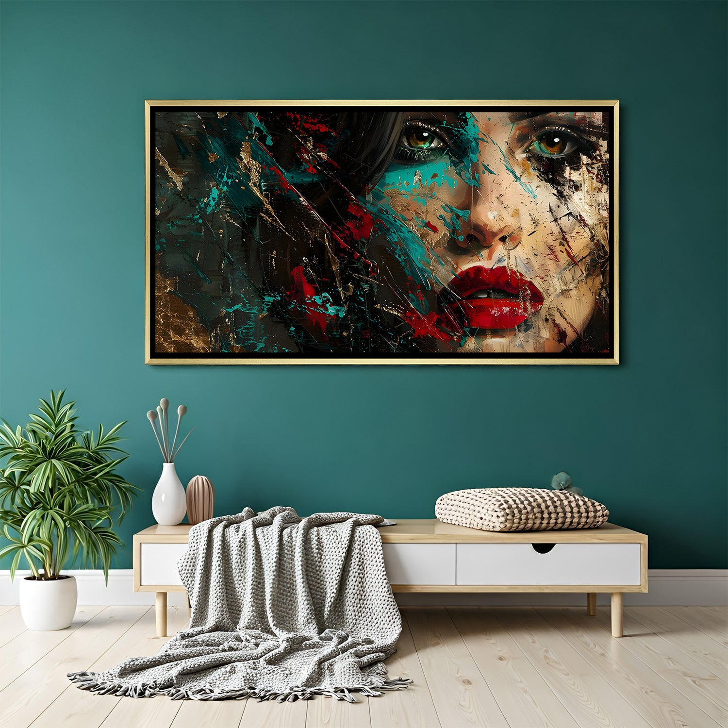 High-end abstract woman portrait wall decor with teal and gold textures in metallic gold frame.