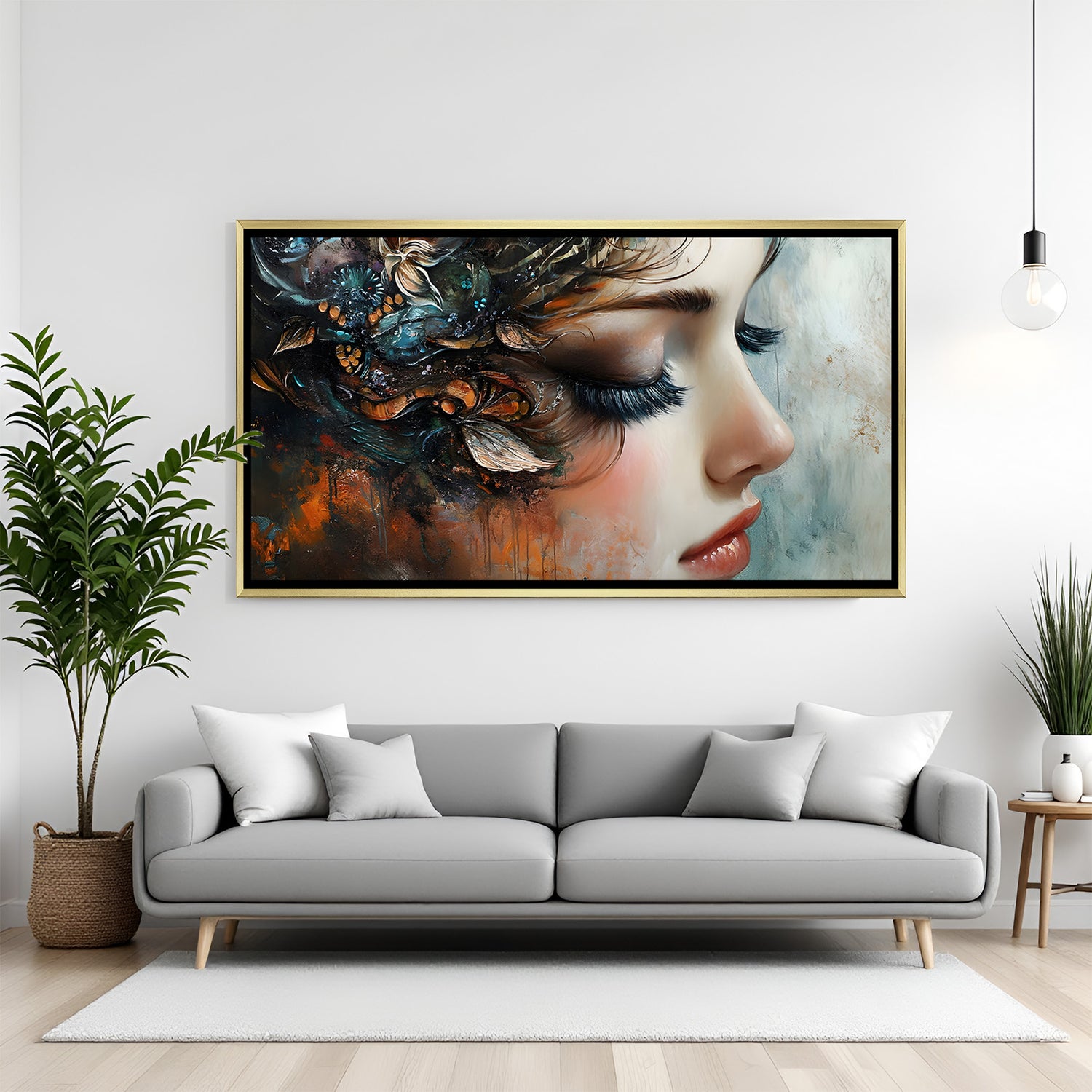 Elegant fantasy woman portrait artwork in brushed gold floater frame featuring earthy and copper abstract textures.