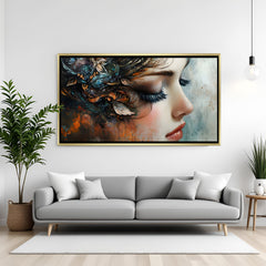 Elegant fantasy woman portrait artwork in brushed gold floater frame featuring earthy and copper abstract textures.