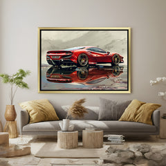 Golden frame Ferrari hot shot canvas artwork for stylish, high-end interiors and passionate car collectors