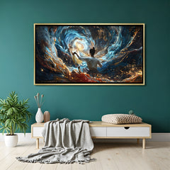 Inspirational galaxy artwork in gold floater frame showing artist surrounded by celestial energy.