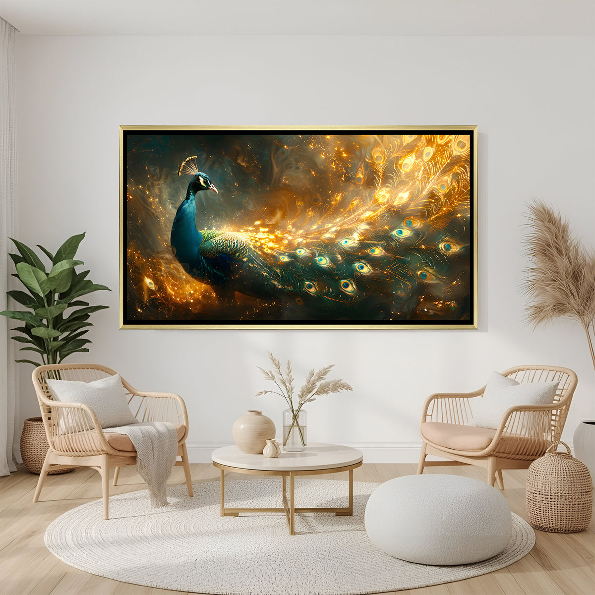 Radiant peacock wall décor in gold frame adding warmth and sophistication to upscale interior space.