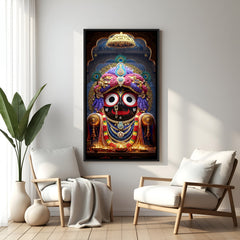 Premium Jagannath temple portrait artwork in black floater frame for modern spiritual interior.