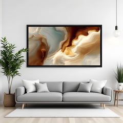 Neutral marble abstract canvas wall art with brown and beige tones in black floater frame above sofa in contemporary living room decor