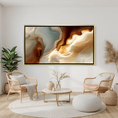 Luxury abstract marble canvas wall art in warm neutral tones with golden floater frame displayed in elegant modern living room decor