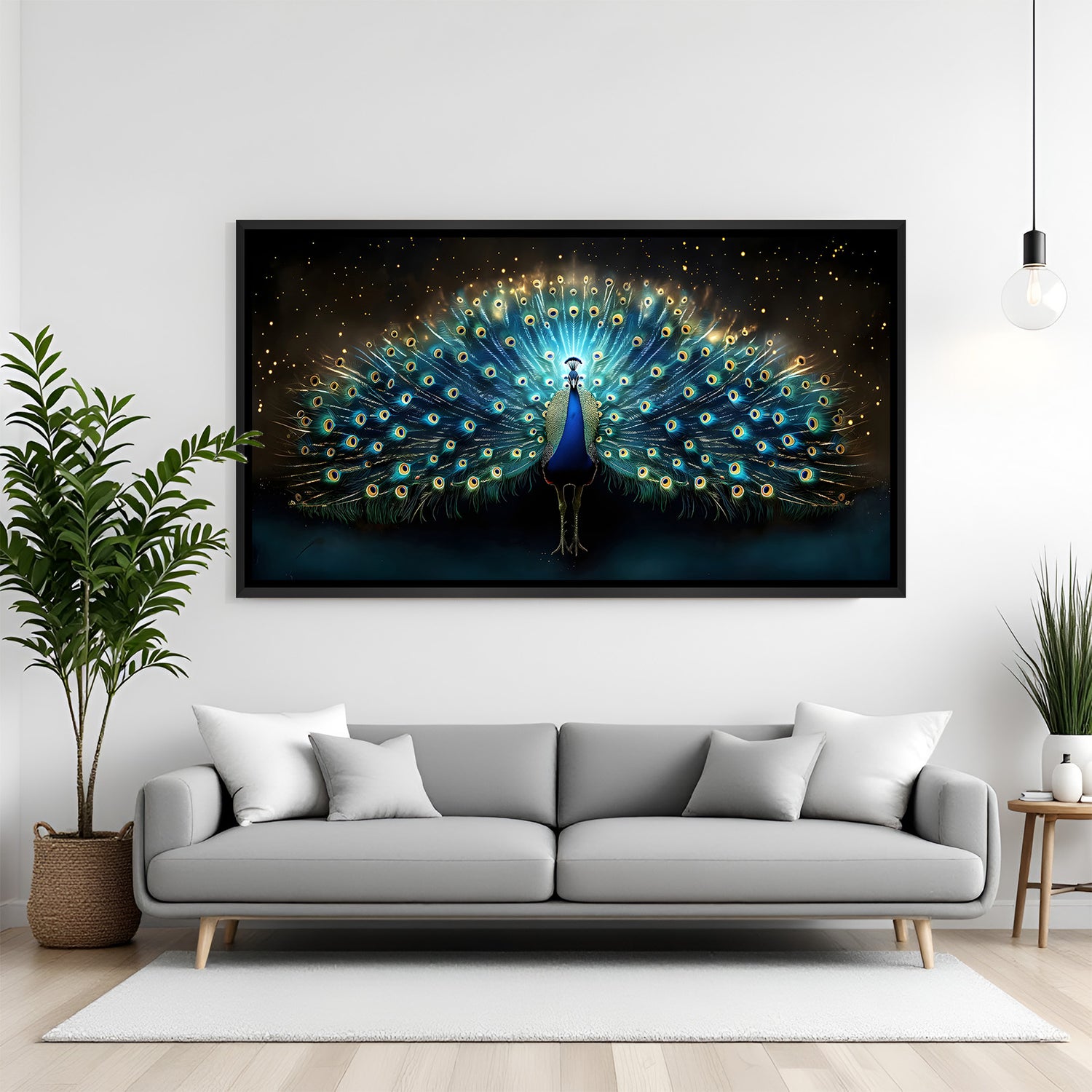 Elegant peacock landscape artwork displayed in sleek black frame above modern grey sofa.