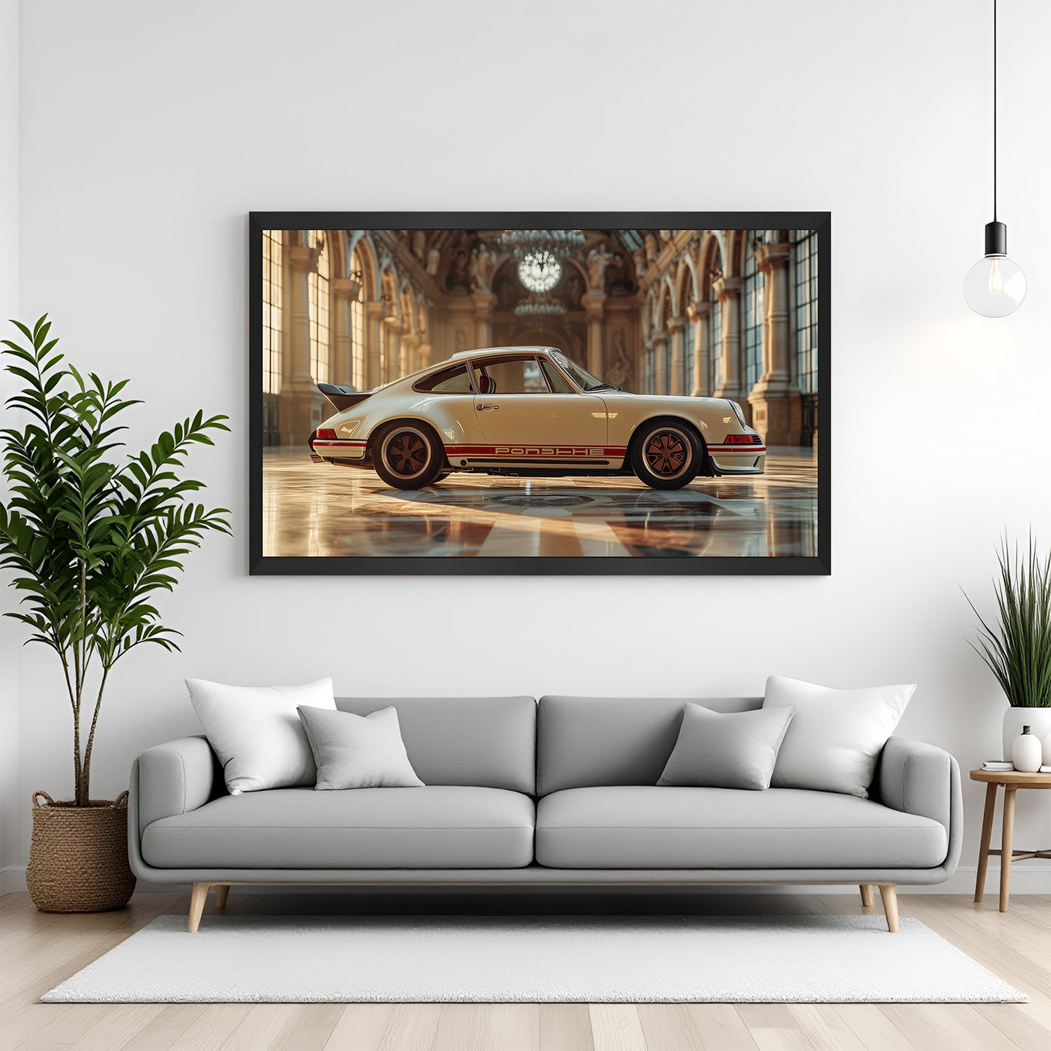 Black frame canvas of Porsche in palace setting—ideal for bold and premium interior spaces with royal car themes