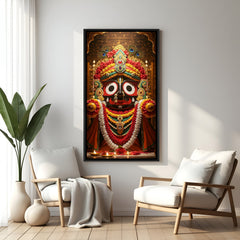 Lord Jagannath luxury temple wall art displayed in black floater frame with floral garlands and peacock feathers.