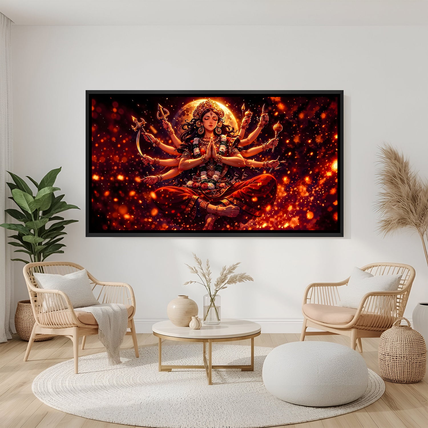 Goddess Durga meditative pose canvas artwork with glowing aura in elegant black floater frame