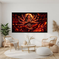 Goddess Durga meditative pose canvas artwork with glowing aura in elegant black floater frame