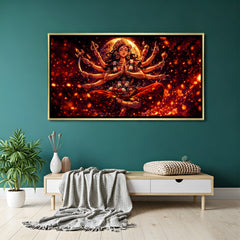 Divine Maa Durga meditation pose canvas painting with glowing background in luxury golden floater frame