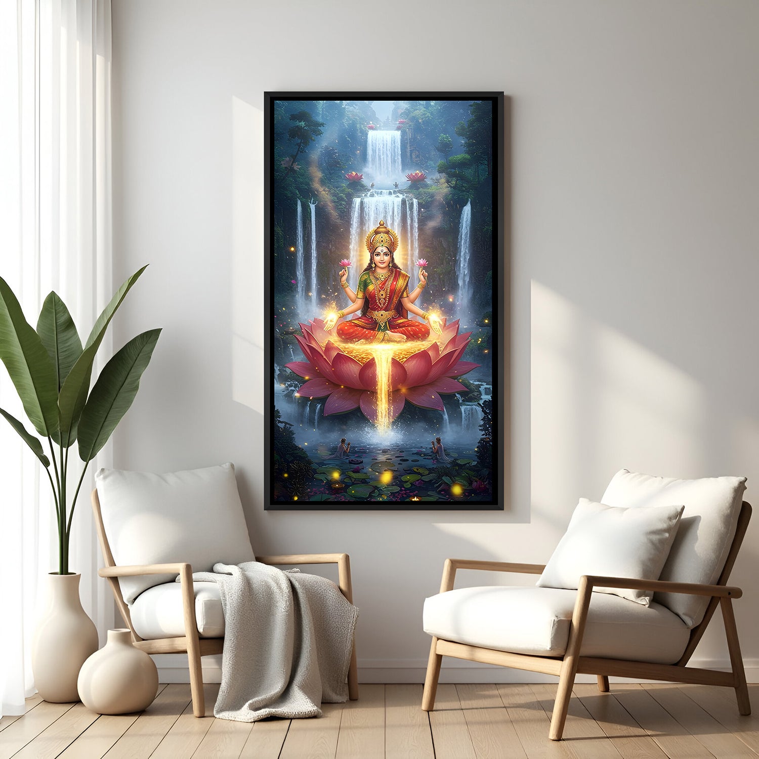 Maa Lakshmi divine wall painting in elegant black floater frame with waterfall background