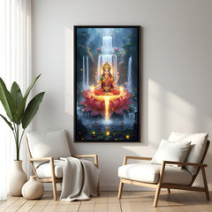 Maa Lakshmi divine wall painting in elegant black floater frame with waterfall background