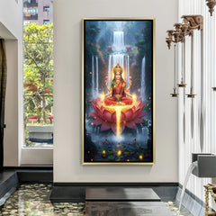 Maa Lakshmi luxury spiritual artwork in golden floater frame with celestial waterfall scenery