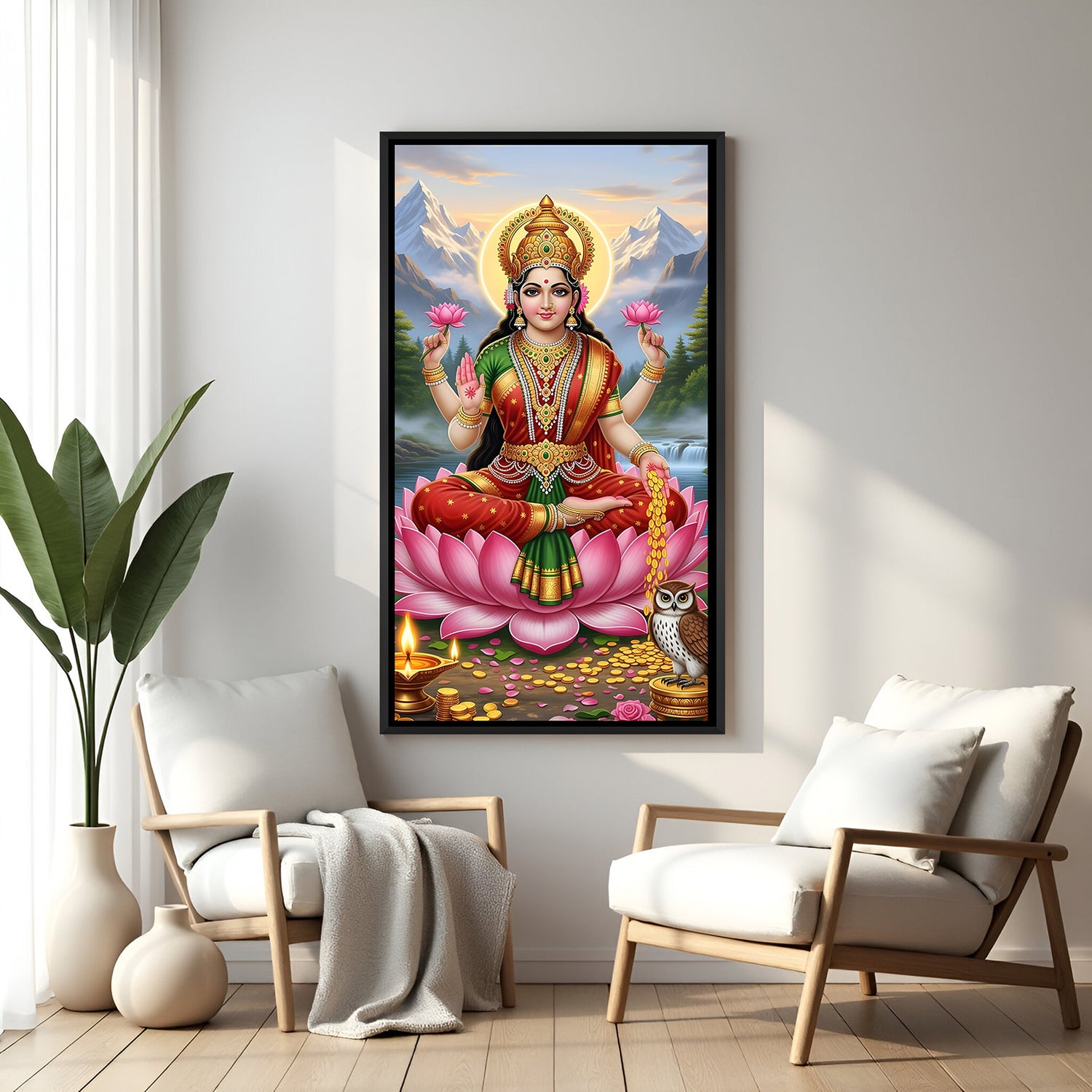 Maa Lakshmi spiritual wall painting in elegant black floater frame with owl beside her