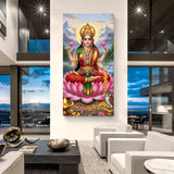 Maa Lakshmi seated on lotus with sacred owl and mountain backdrop in premium canvas wall art
