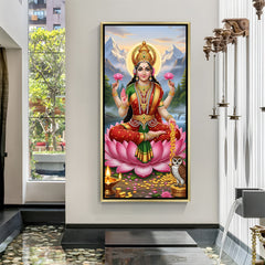 Maa Lakshmi divine artwork in luxury golden floater frame with lotus and mountain background