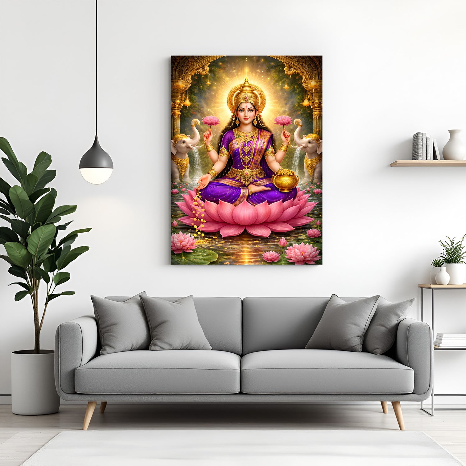 Maa Lakshmi seated on pink lotus with sacred elephants spiritual canvas wall art