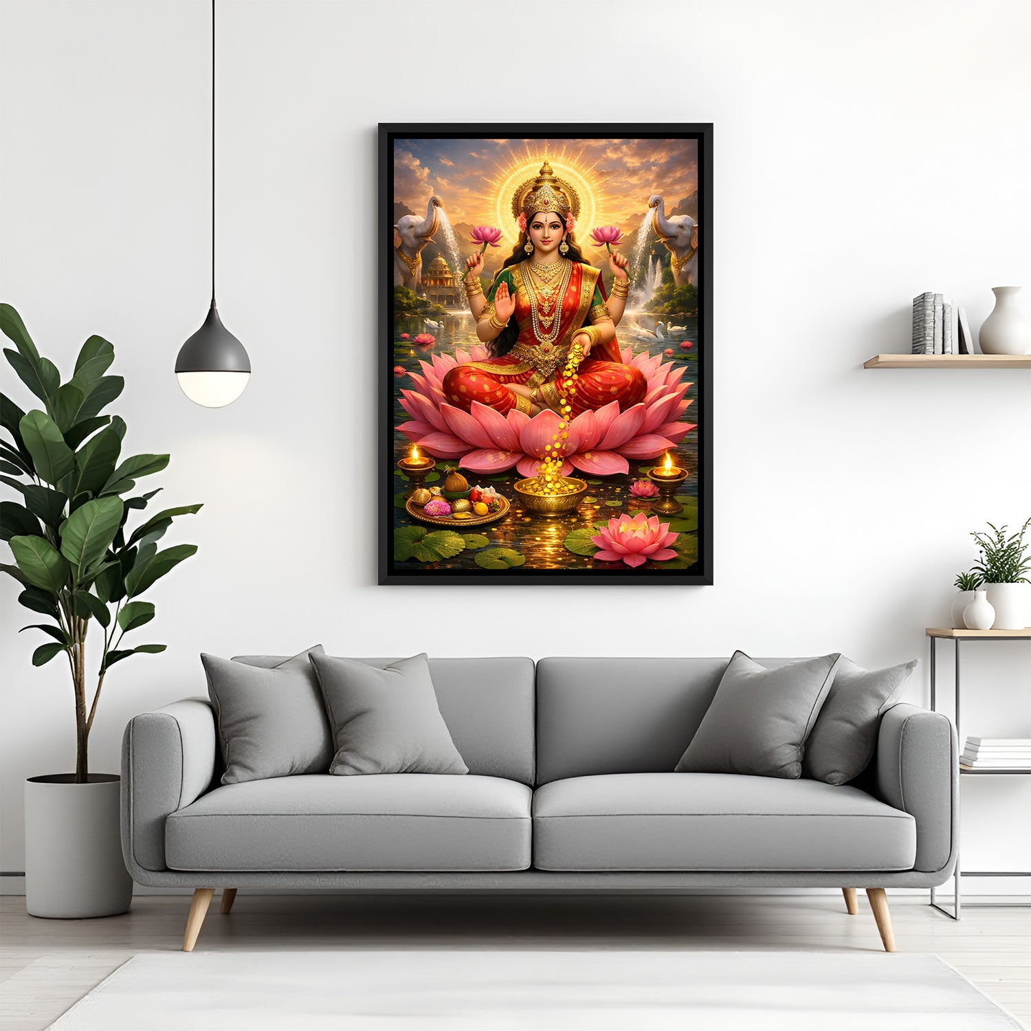 Maa Lakshmi divine wall painting in elegant black floater frame with white elephants behind her