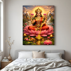 Maa Lakshmi seated on pink lotus with two sacred white elephants spiritual canvas wall art