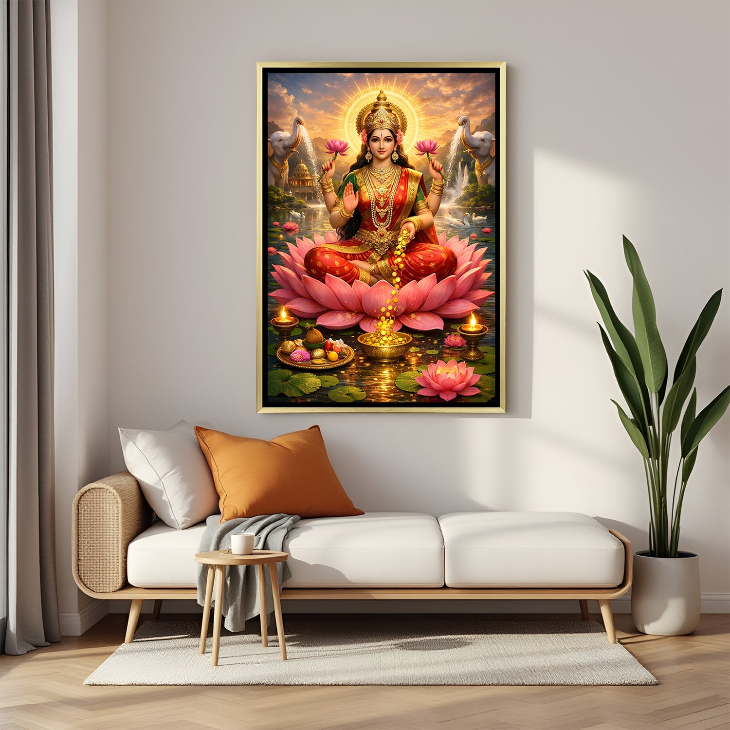 Maa Lakshmi luxury spiritual artwork in golden floater frame with pink lotus and white elephants