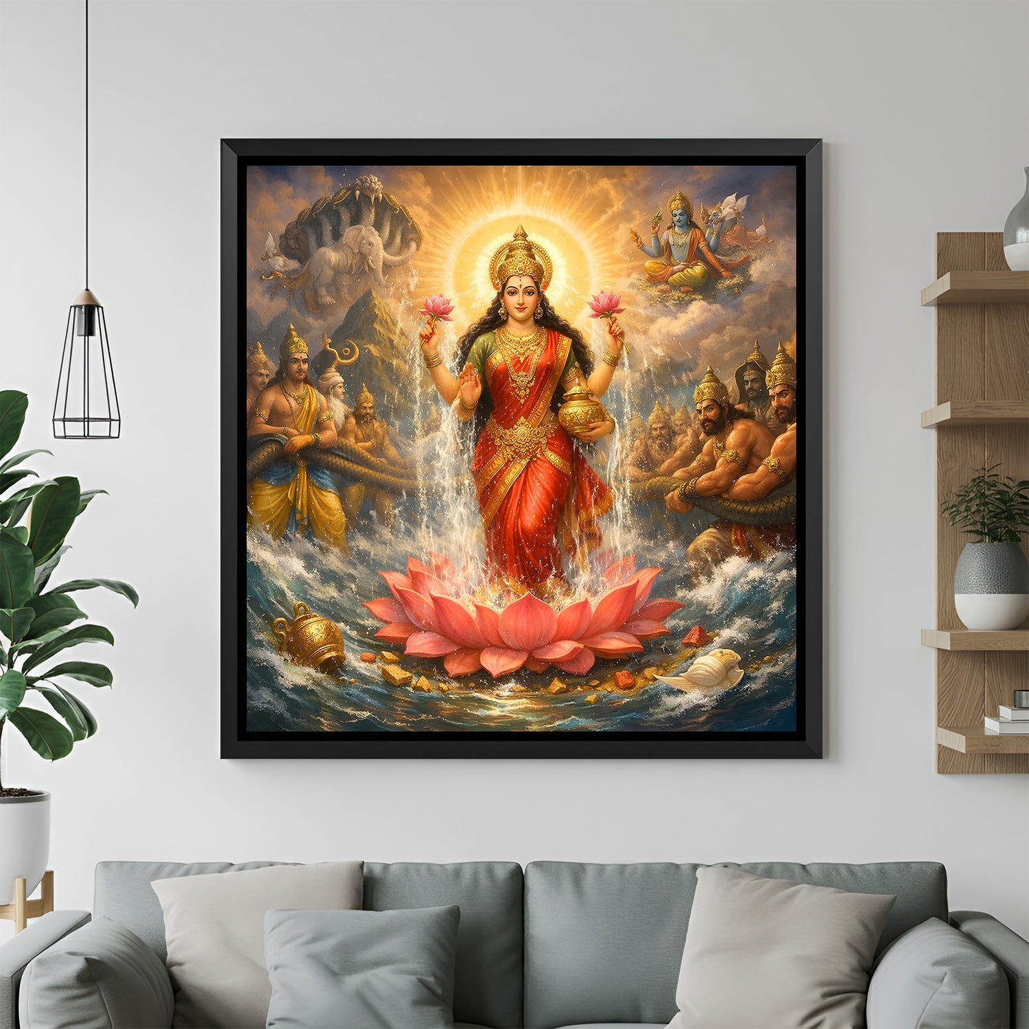 Maa Lakshmi divine wall painting in elegant black floater frame during Samudra Manthan