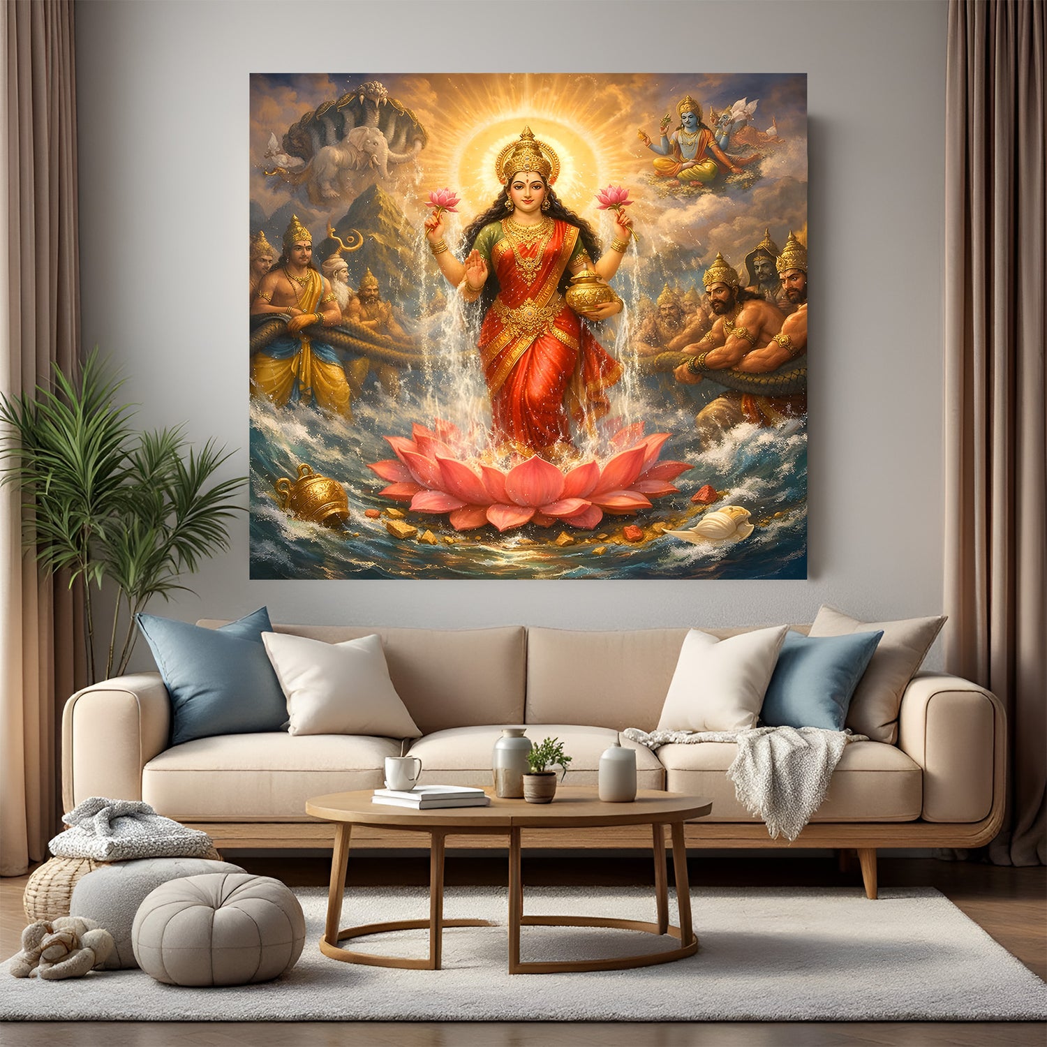 Maa Lakshmi emerging from Samudra Manthan on lotus spiritual canvas wall art