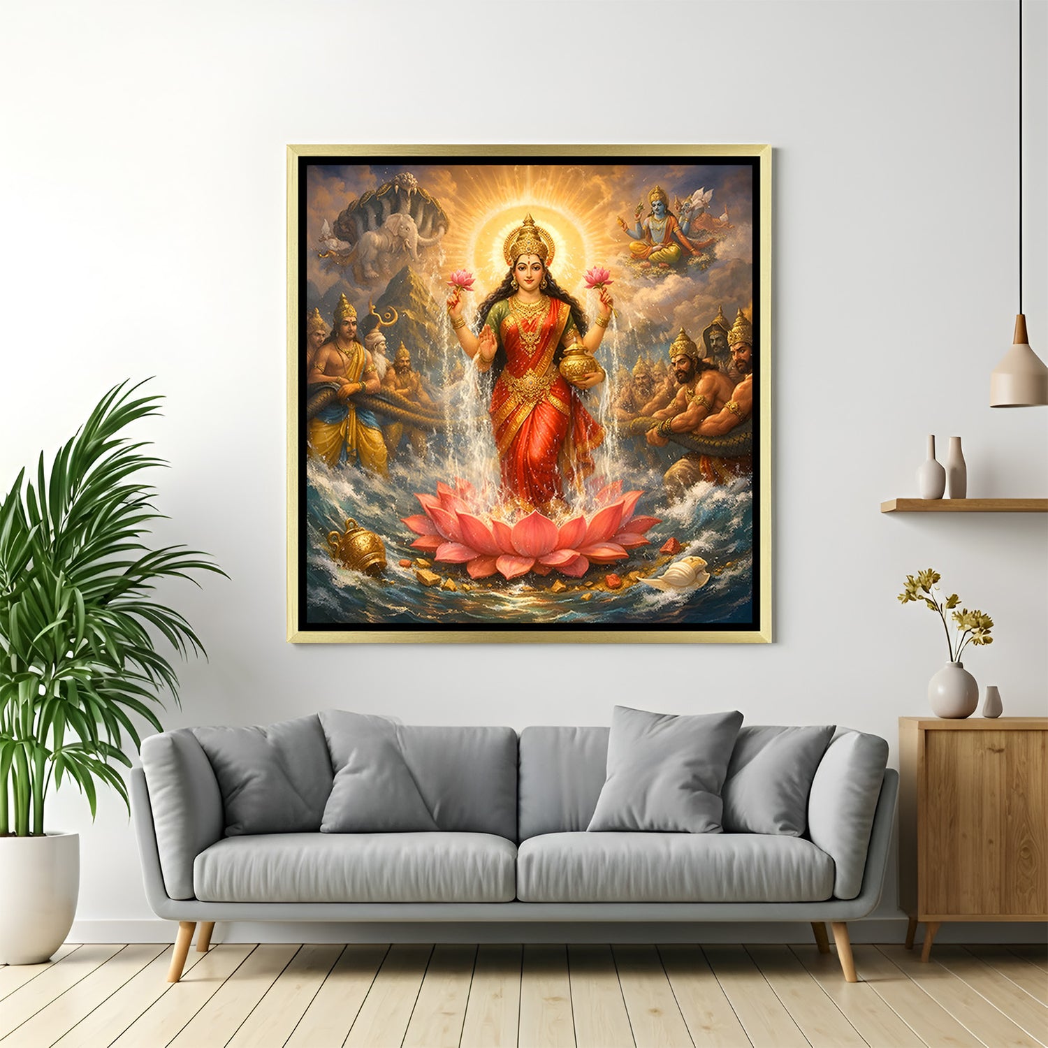 Maa Lakshmi luxury spiritual artwork in golden floater frame with cosmic ocean background