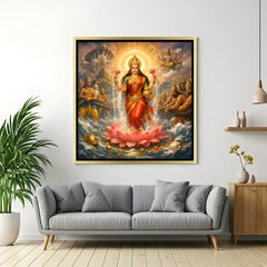 Maa Lakshmi luxury spiritual artwork in golden floater frame with cosmic ocean background