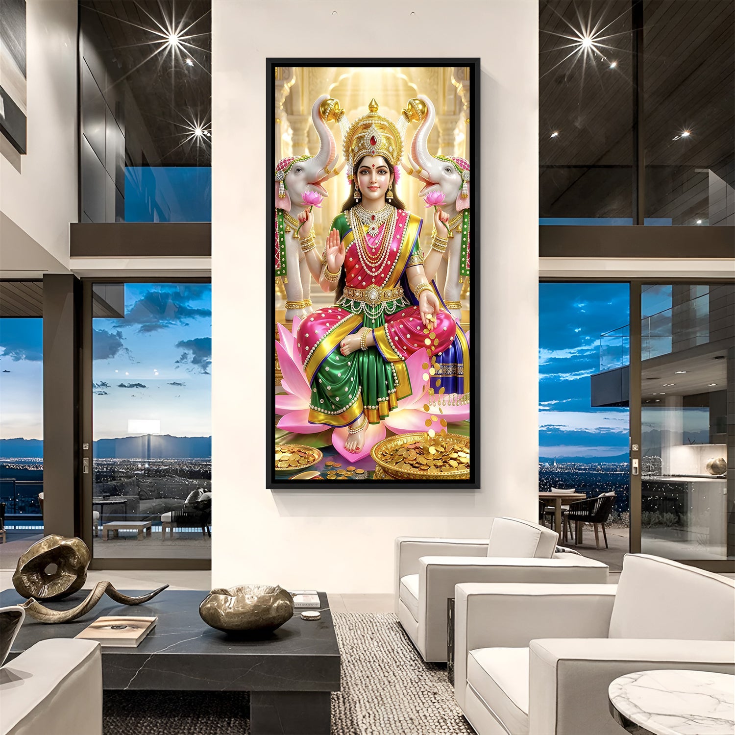 Maa Lakshmi divine wall painting in elegant black floater frame with elephants behind her