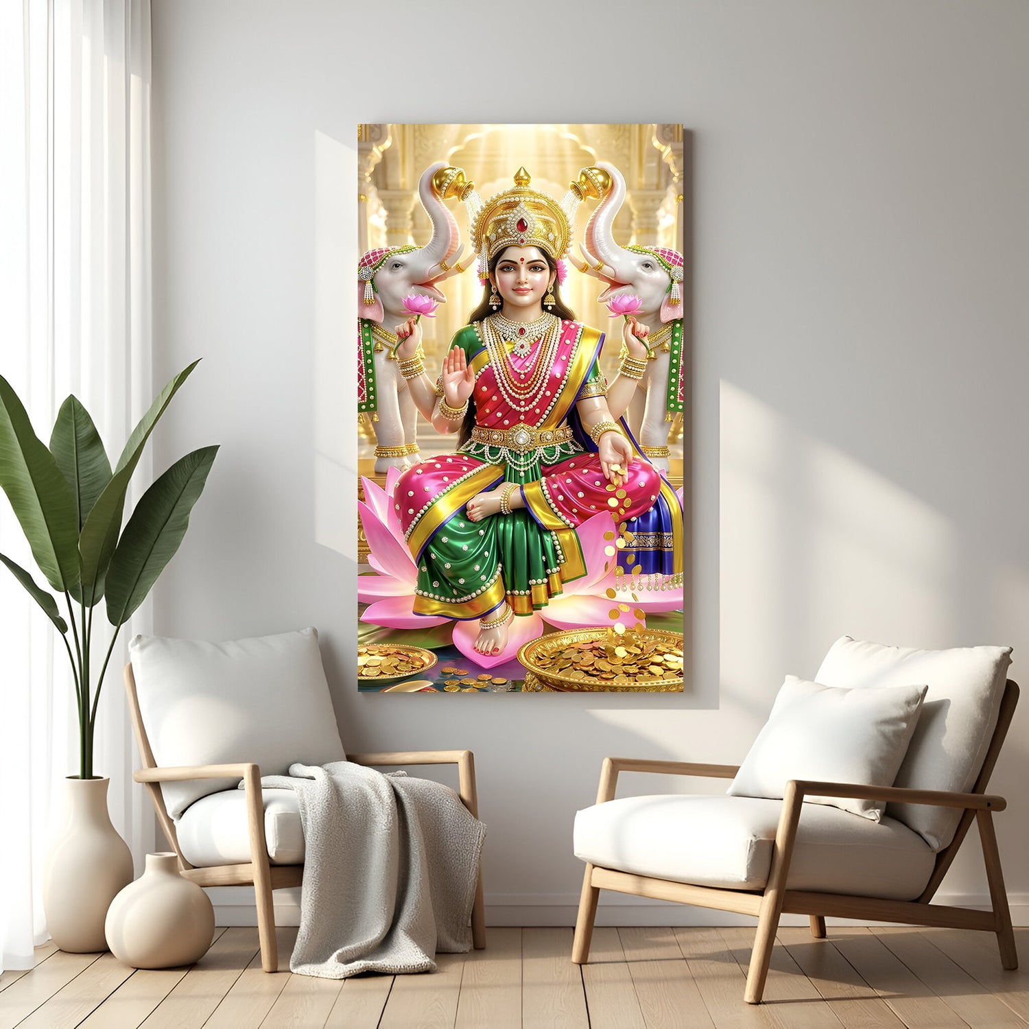 Maa Lakshmi seated with two sacred elephants in premium spiritual canvas wrapped wall art