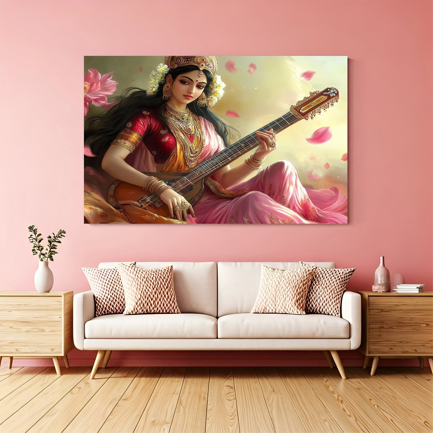 Maa Saraswati canvas wall art for wisdom, creativity, and vastu energy in study rooms, libraries, and peaceful spiritual spaces