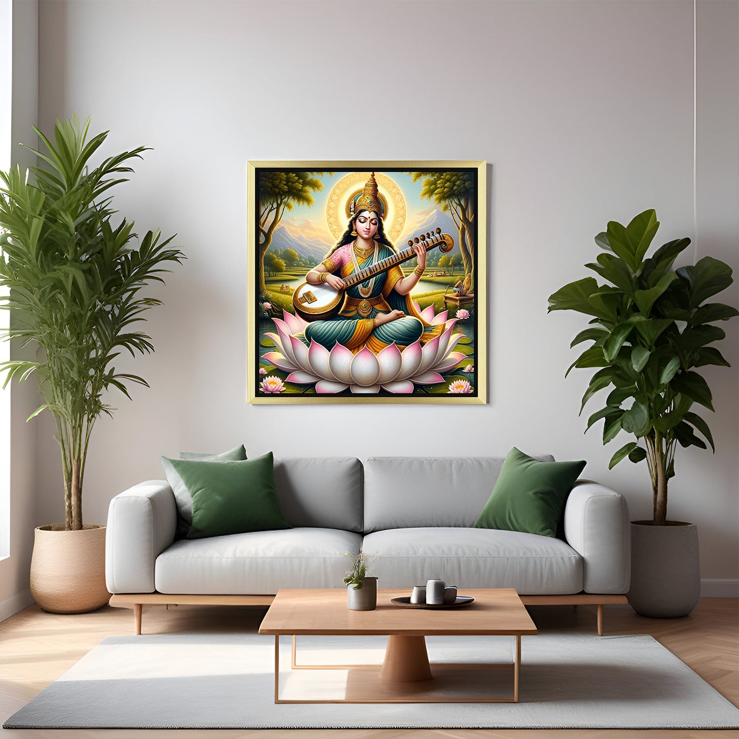 Golden frame Saraswati wall art for study room decoration and Vastu-aligned learning energy