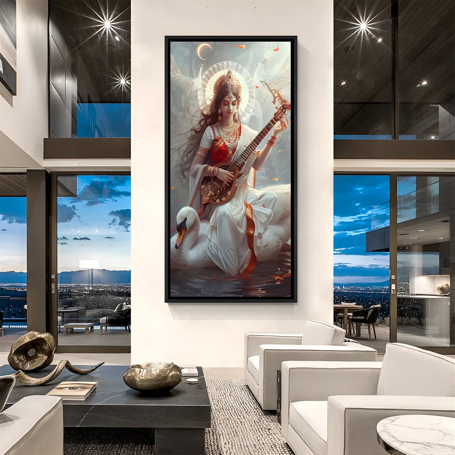 Maa Saraswati divine wall painting in elegant black floater frame with swan and moon backdrop