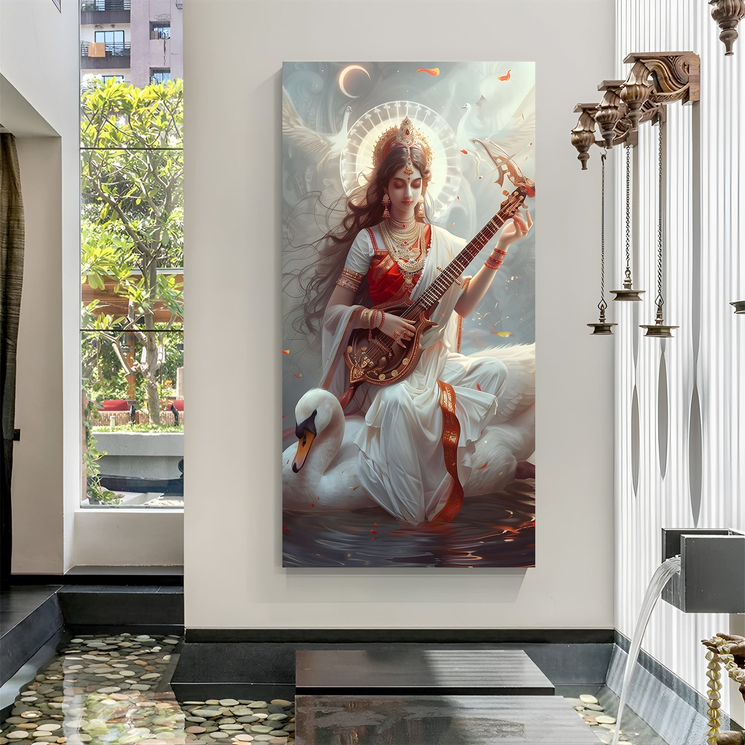 Maa Saraswati seated on sacred swan with moonlight background spiritual canvas wall art