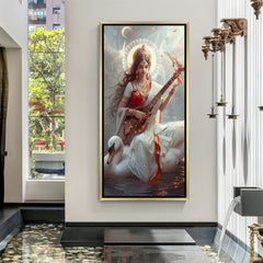 Maa Saraswati celestial artwork in luxury golden floater frame with glowing moon behind her