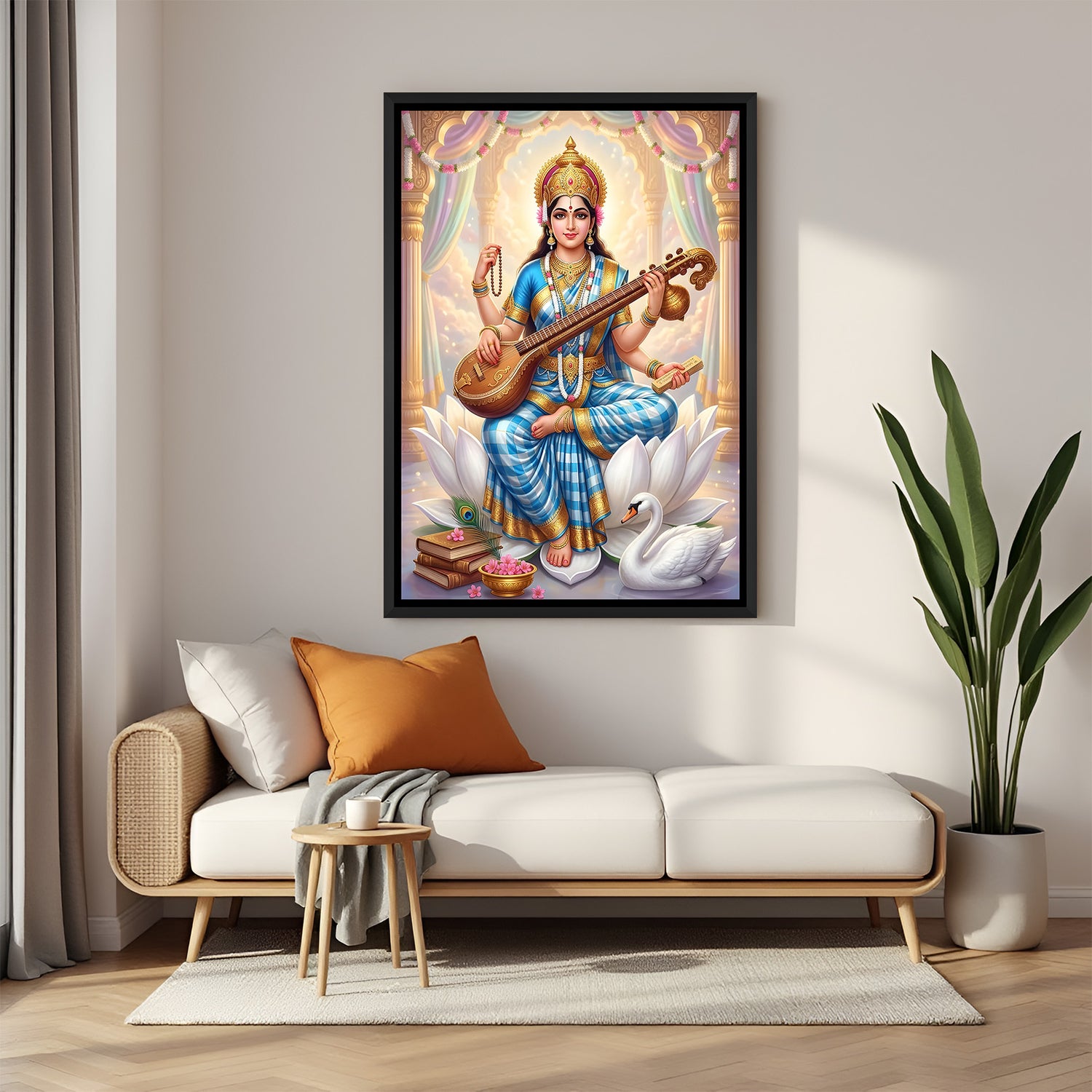 Maa Saraswati divine wall painting in elegant black floater frame with swan and books below her