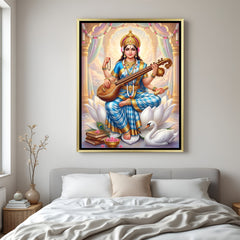 Maa Saraswati luxury spiritual artwork in golden floater frame with lotus swan and sacred books
