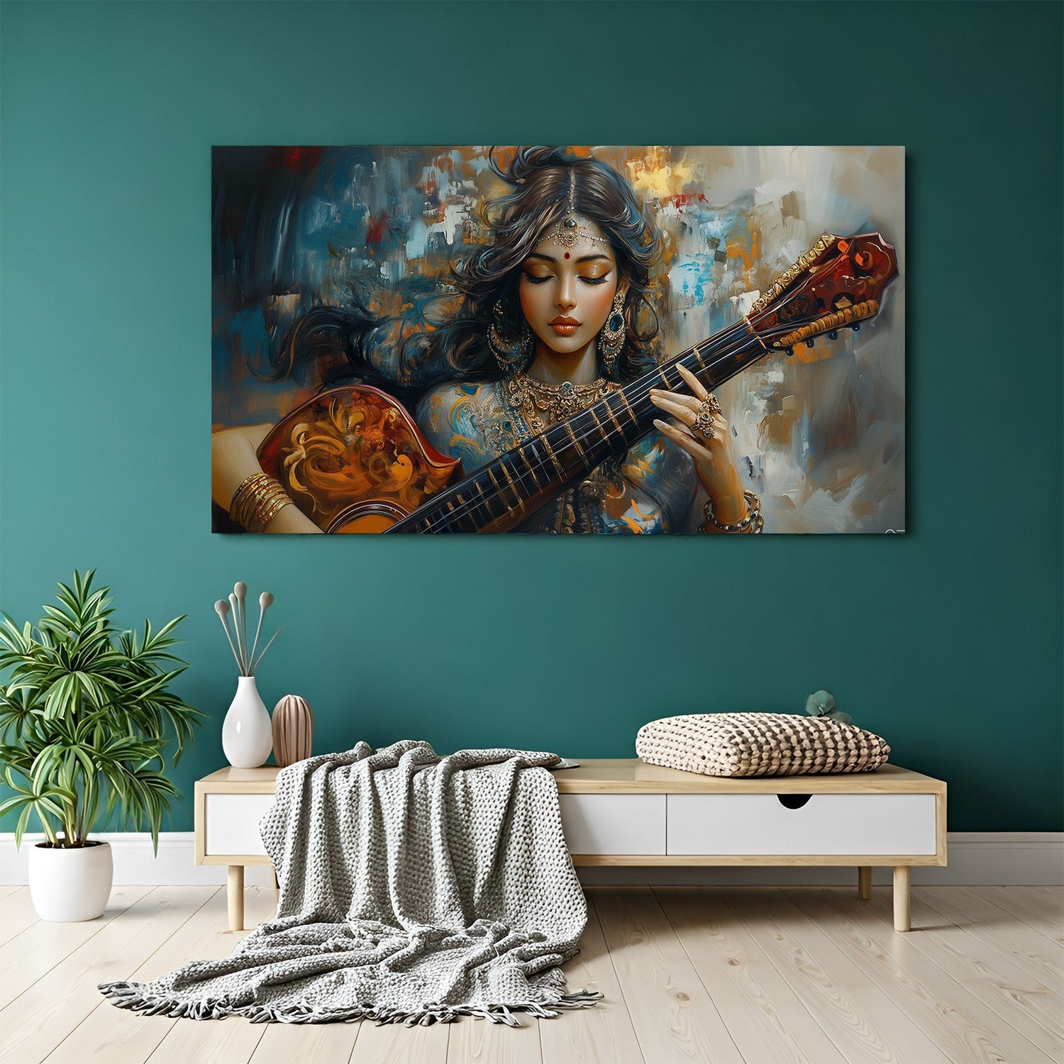 Maa Saraswati canvas painting symbolizing divine wisdom, focus, and vastu-aligned energy for study room and spiritual decor