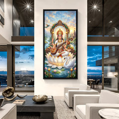 Maa Saraswati divine wall painting in elegant black floater frame sitting on white lotus