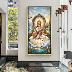 Maa Saraswati spiritual artwork in luxury golden floater frame with sacred white lotus