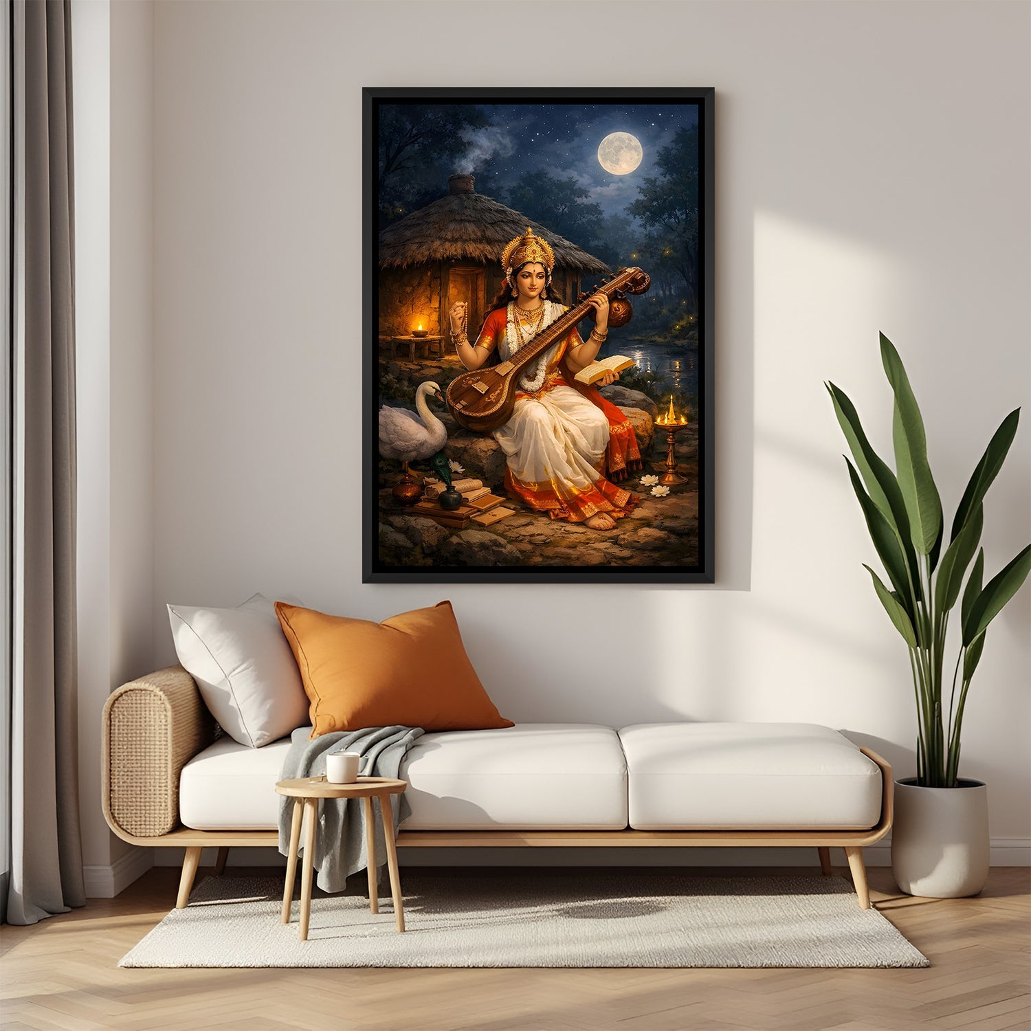 Maa Saraswati divine wall painting in elegant black floater frame with swan books and cottage background
