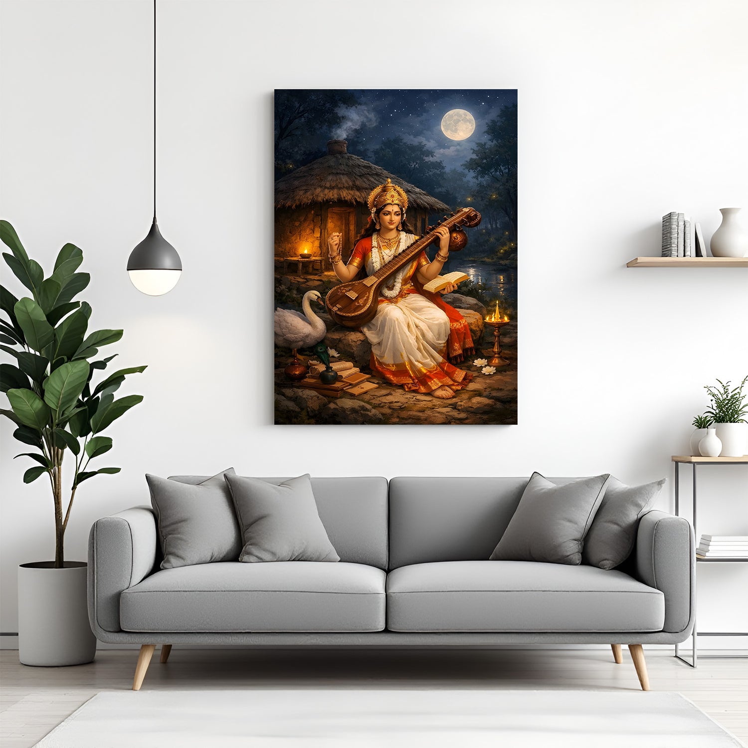 Maa Saraswati sitting on stone with sacred books swan and cottage spiritual canvas wall art