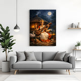 Maa Saraswati sitting on stone with sacred books swan and cottage spiritual canvas wall art