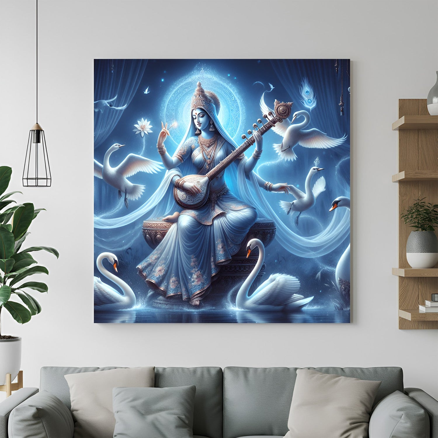 Maa Saraswati canvas wall art symbolizing wisdom, learning, and creative flow, perfect for vastu-aligned study, office, or sacred home decor